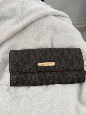Michael Kors Brown MK Logo Continental Wallet with Red Trim